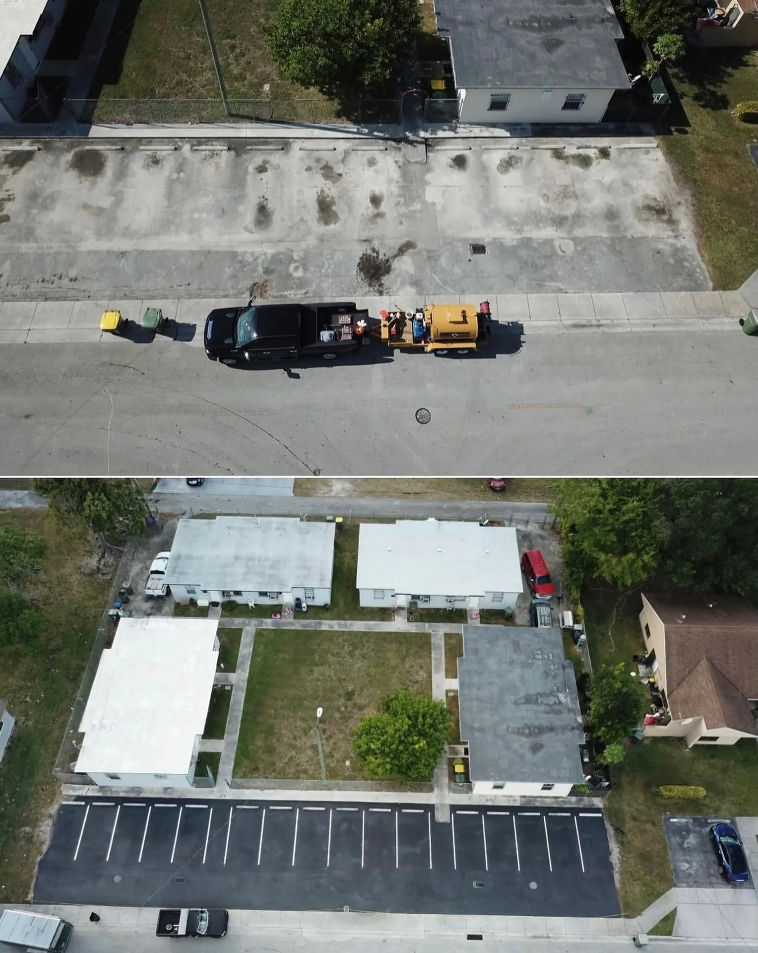 Aerial before and after of an apartment complex parking lot sealcoating and striping project in Cutler Bay, FL