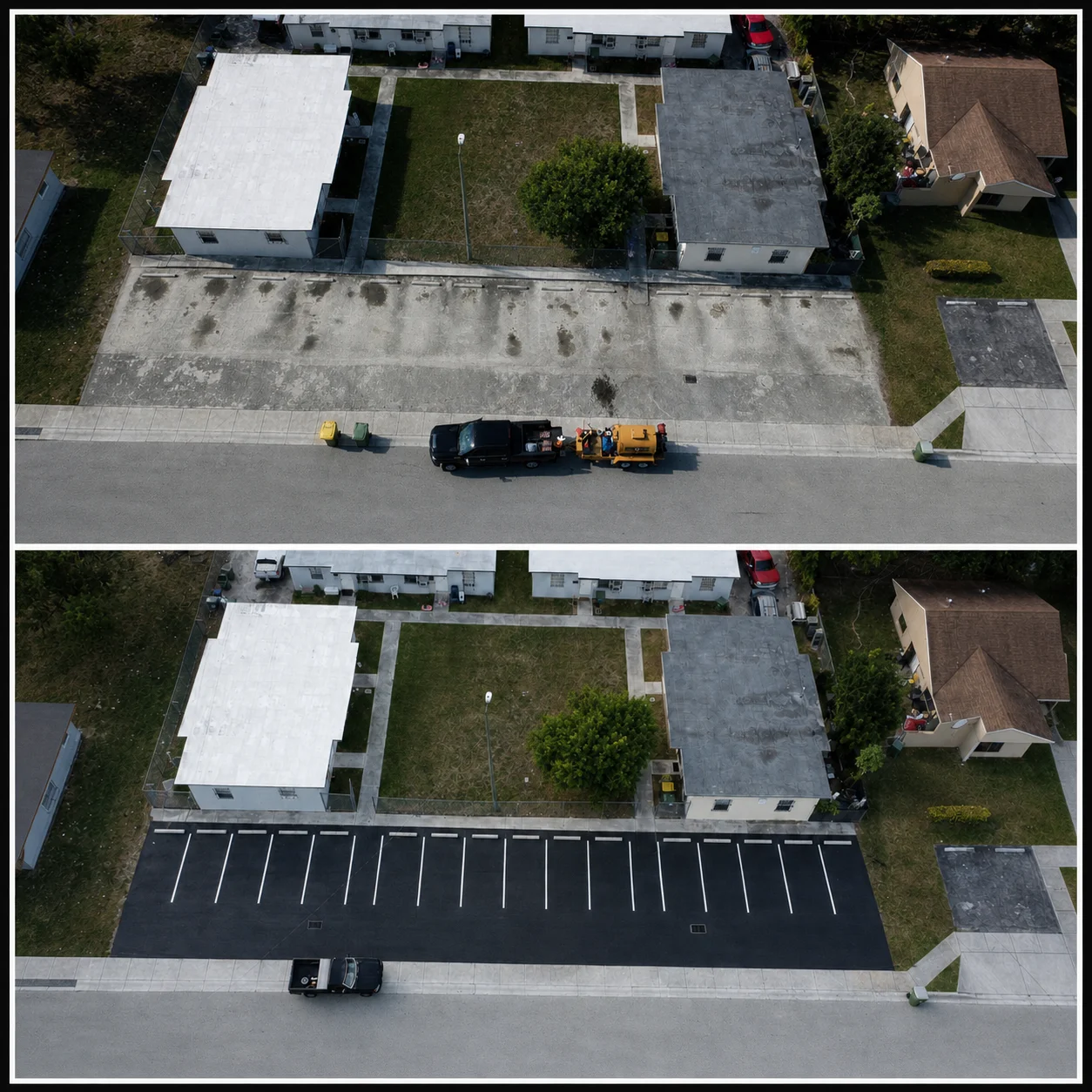 Before and after apartment complex parking lot striping in Cutler Bay, FL