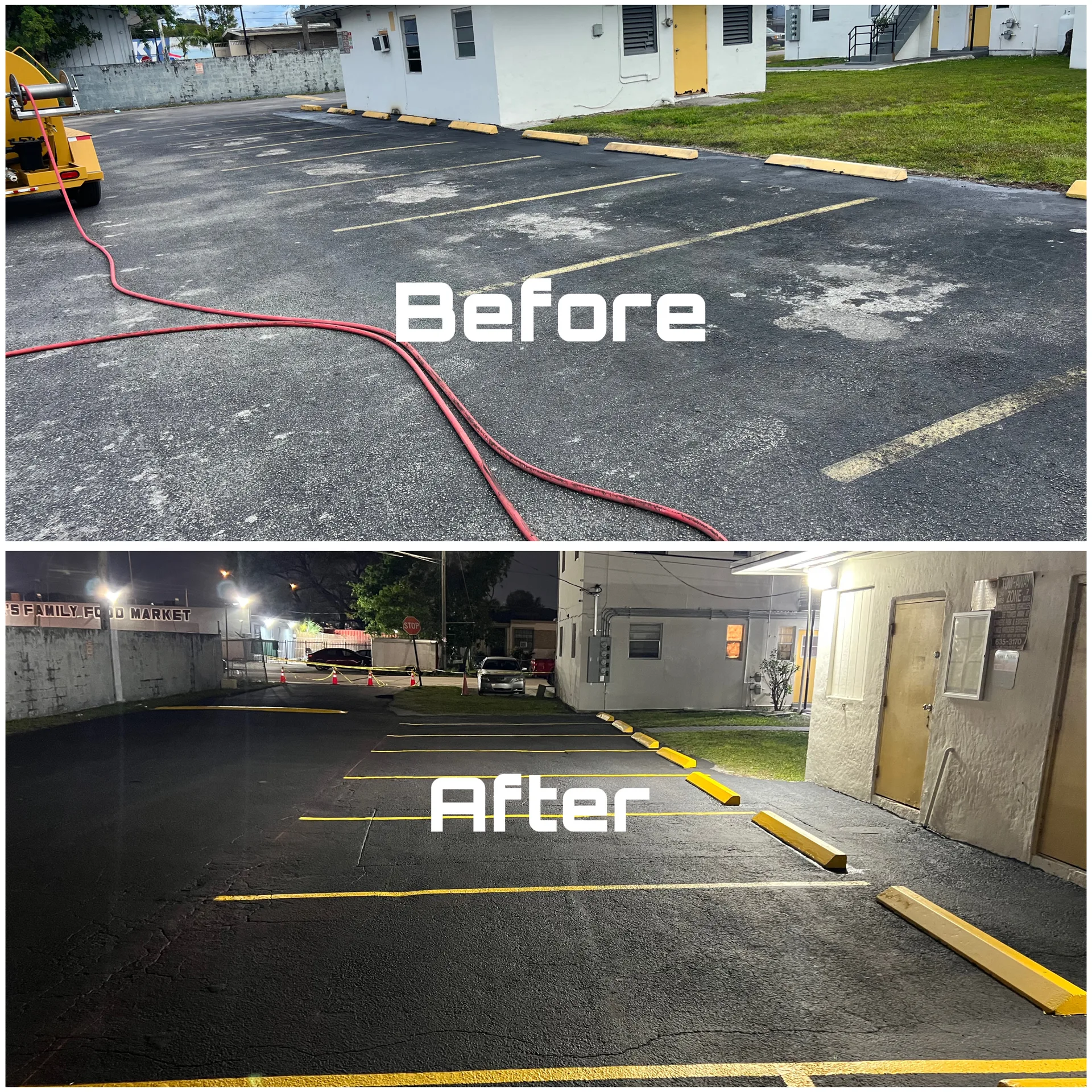 Before and after commercial parking lot sealcoating and striping in Cutler Bay, FL