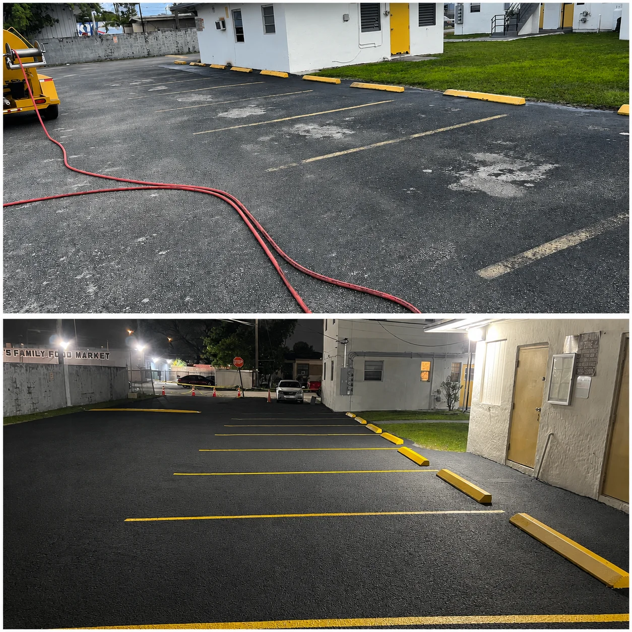 Commercial parking lot sealcoating and striping before and after in Cutler Bay, FL