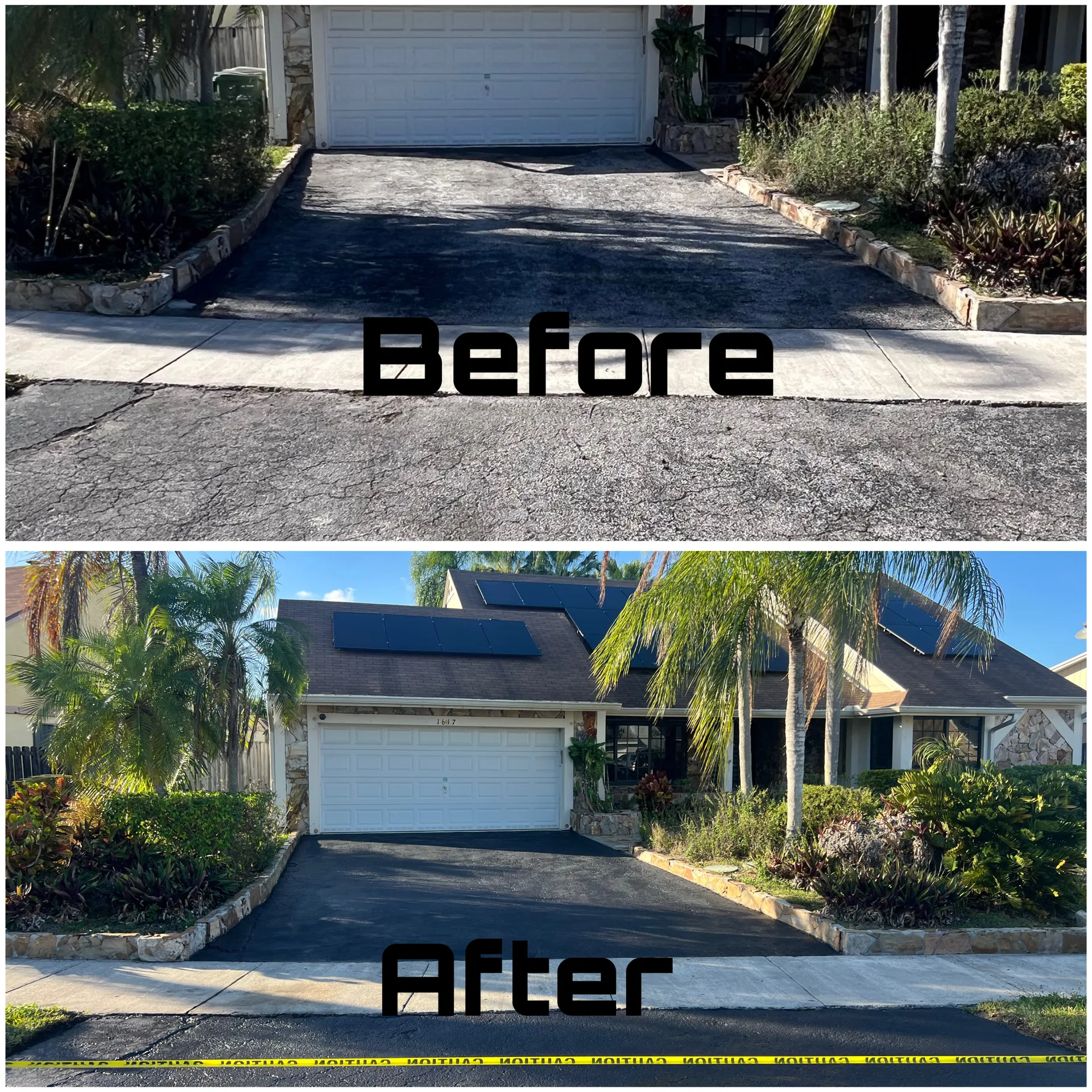 Before and after driveway sealcoating in Cutler Bay, FL