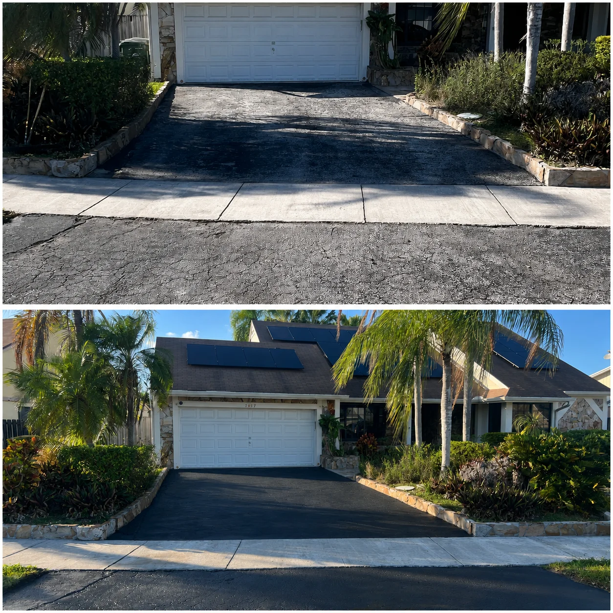 Before and after residential driveway sealcoating in Cutler Bay, FL